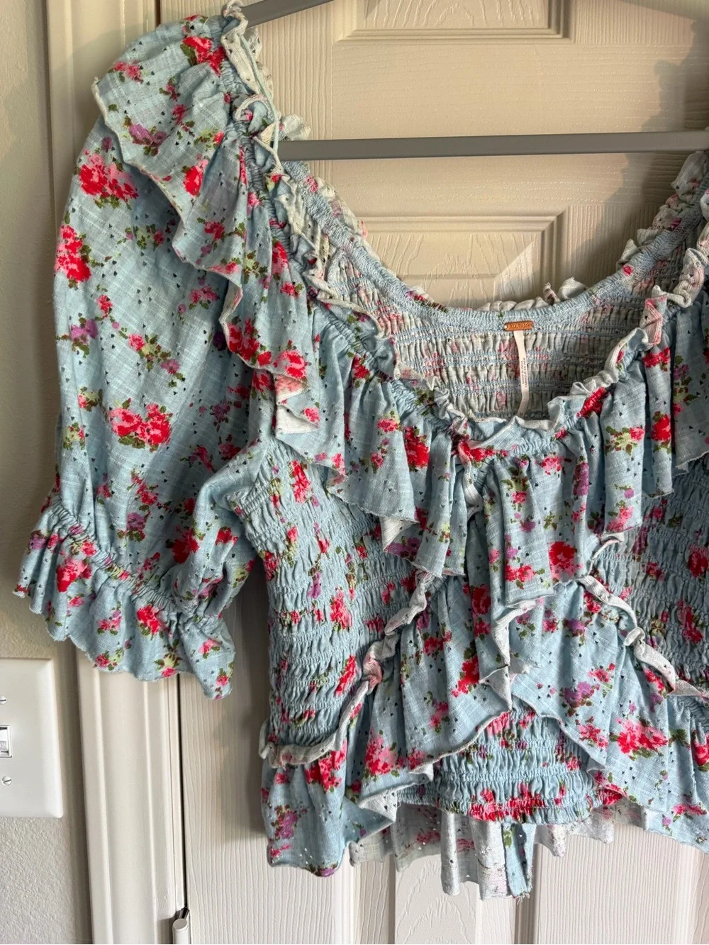 Free People Sky Blue Floral Ruffle Smocked Blouse